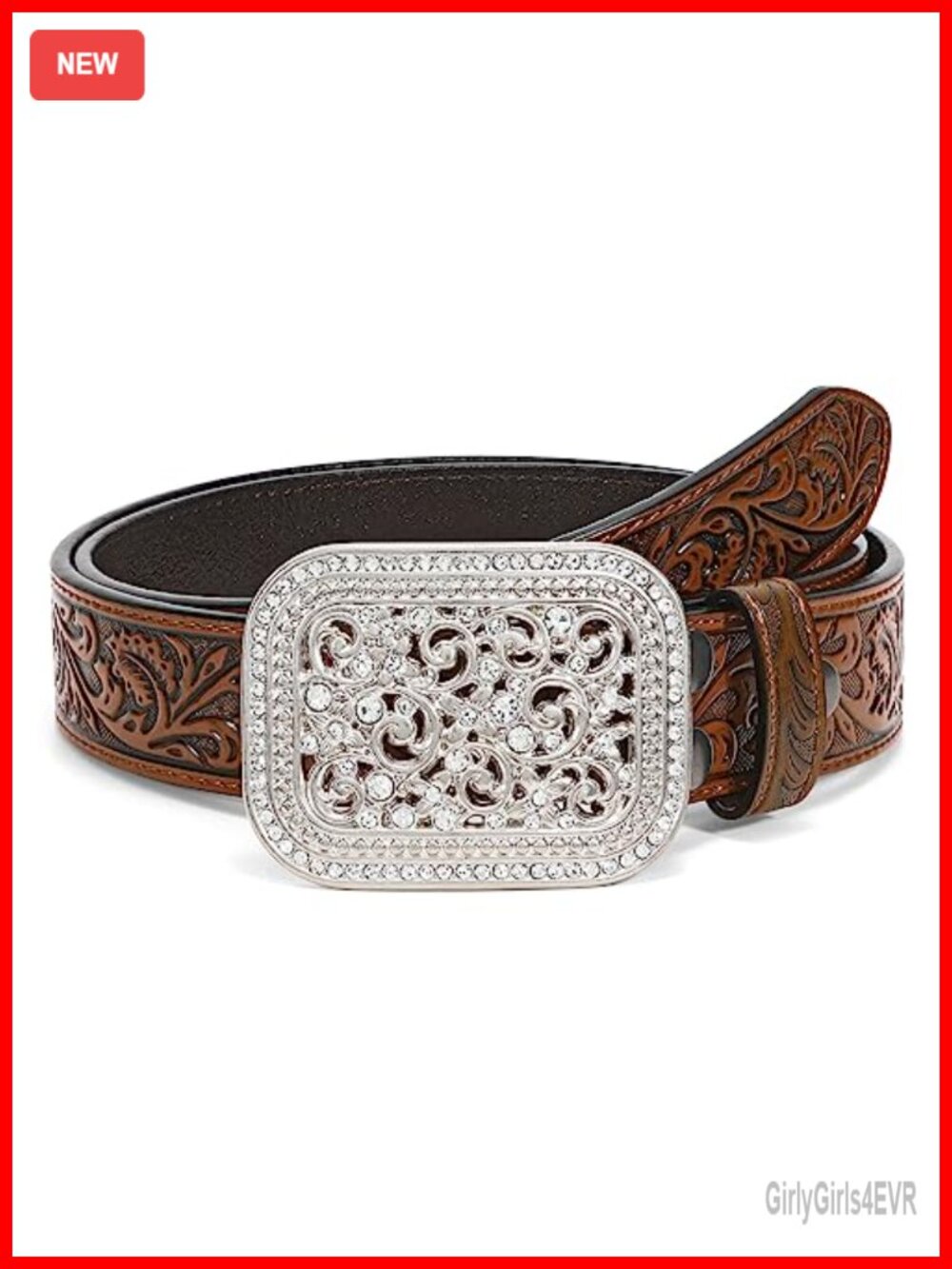Genuine Leather Western Belt Silver Diamond Buckle Unisex Cowgirl Cowboy